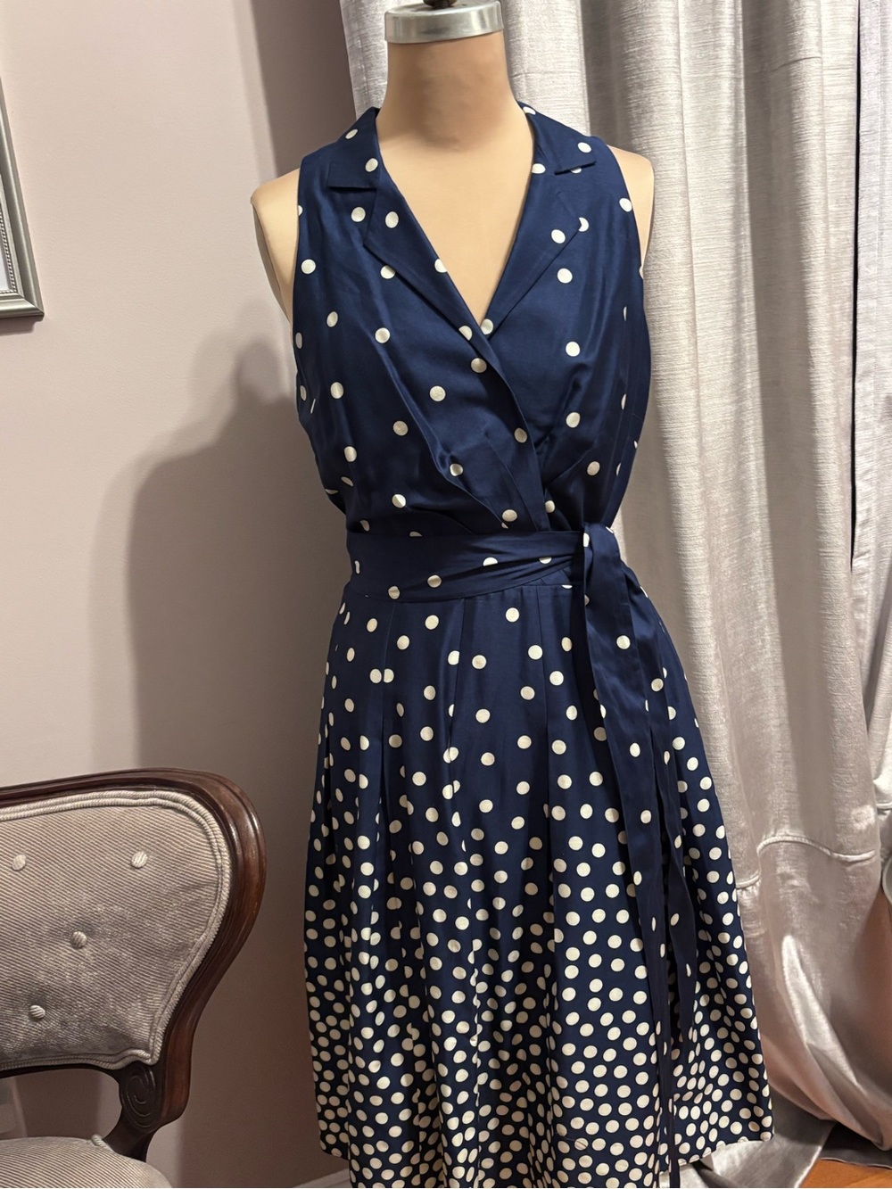 Jones New York Navy Blue White Polka Dot Faux Wrap Dress Size 12